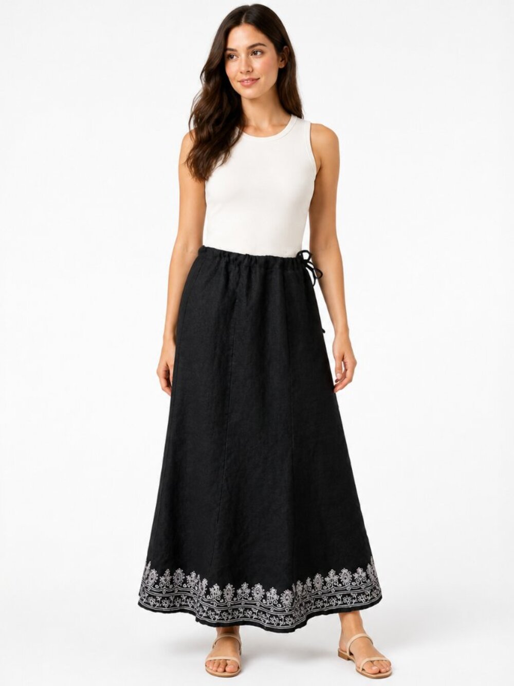 Richard Malcolm Women's Black Linen Embroidered Maxi Skirt Size 8 Boho